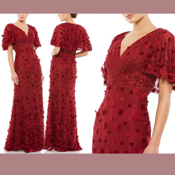 NWT $698 Mac Duggal [ 10 ] Floral Appliqué Cape Sleeve Lace Gown Burgundy #S1098 - Picture 1 of 15